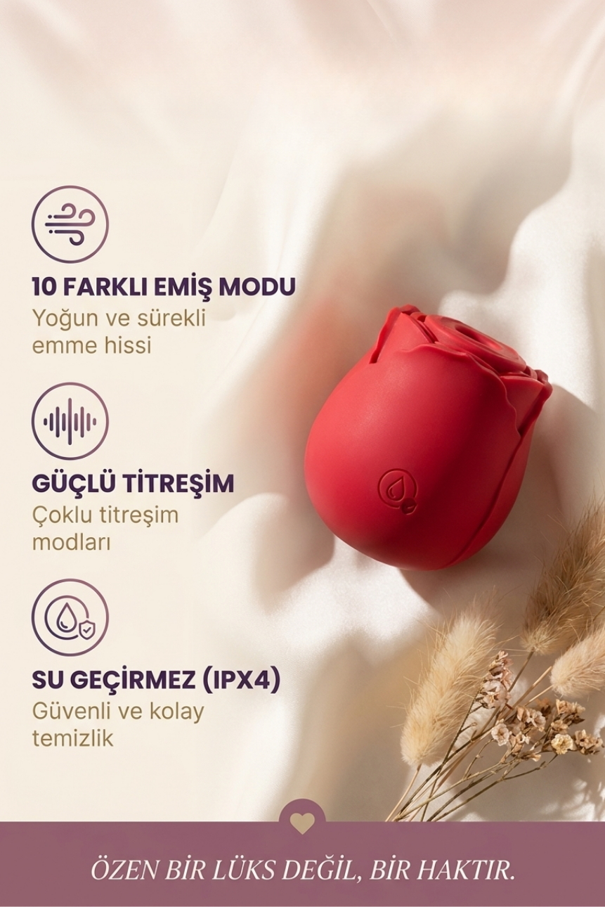 Gül Vibratör – 10 Modlu Klitoris Emici Vakumlu USB Şarjlı Silikon Uyarıcı