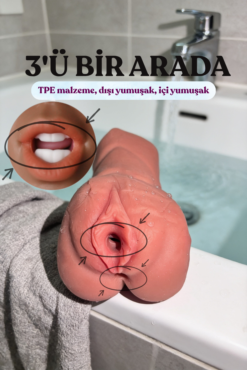 3 Girişli Erkek Mastürbatörü – Oral Vajinal Anal 3’ü 1 Arada 3D Dokulu Realistik Suni Vajina