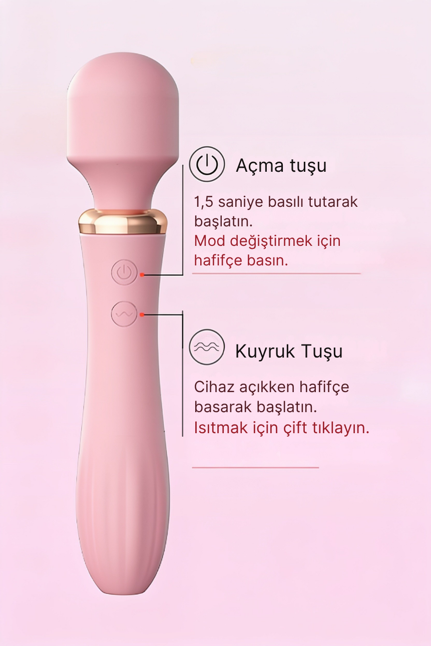Isıtmalı Çift Uçlu USB Şarjlı Wand Masaj Vibratörü – Klitoris Uyarıcı 10 Modlu Pembe