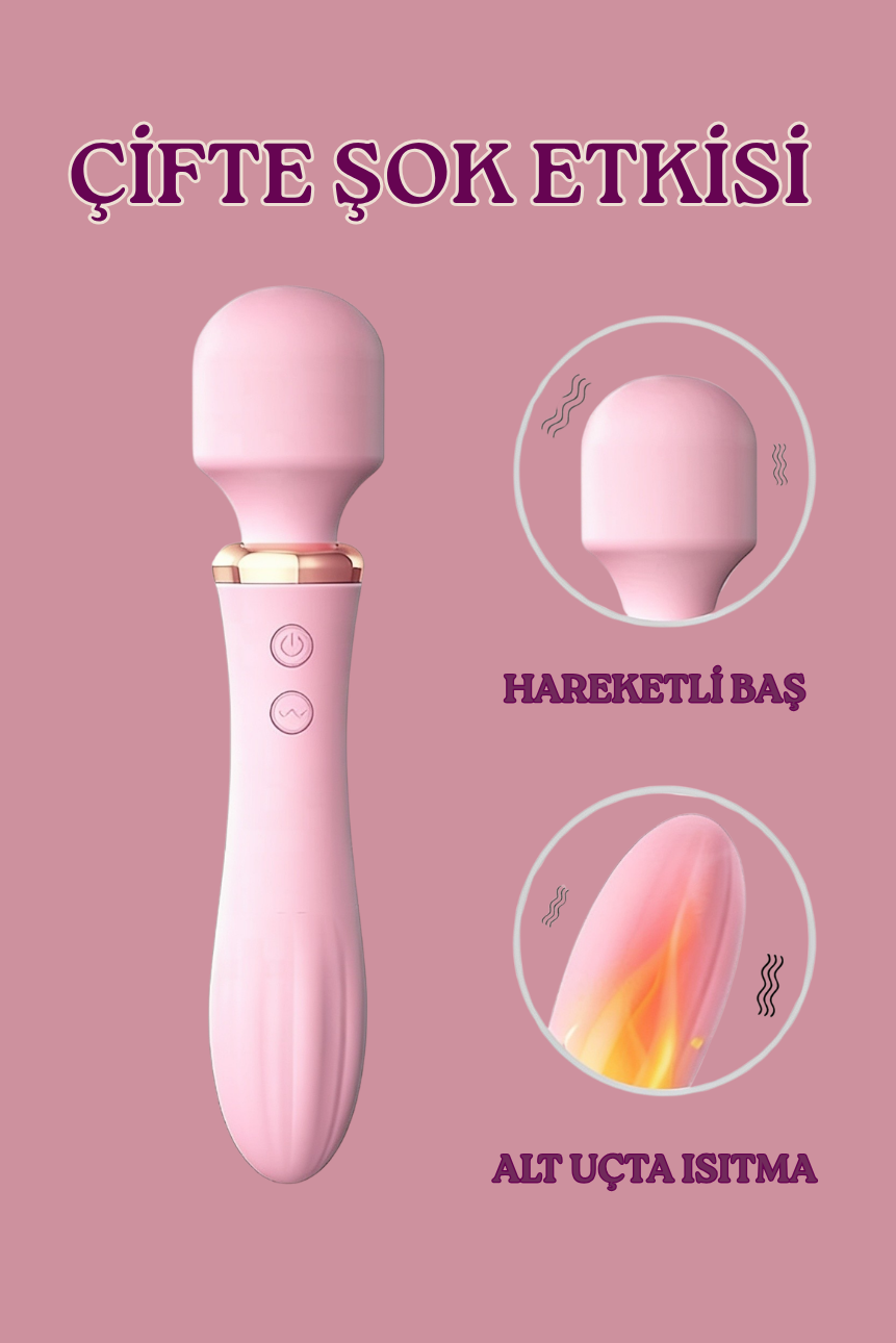 Isıtmalı Çift Uçlu USB Şarjlı Wand Masaj Vibratörü – Klitoris Uyarıcı 10 Modlu Pembe