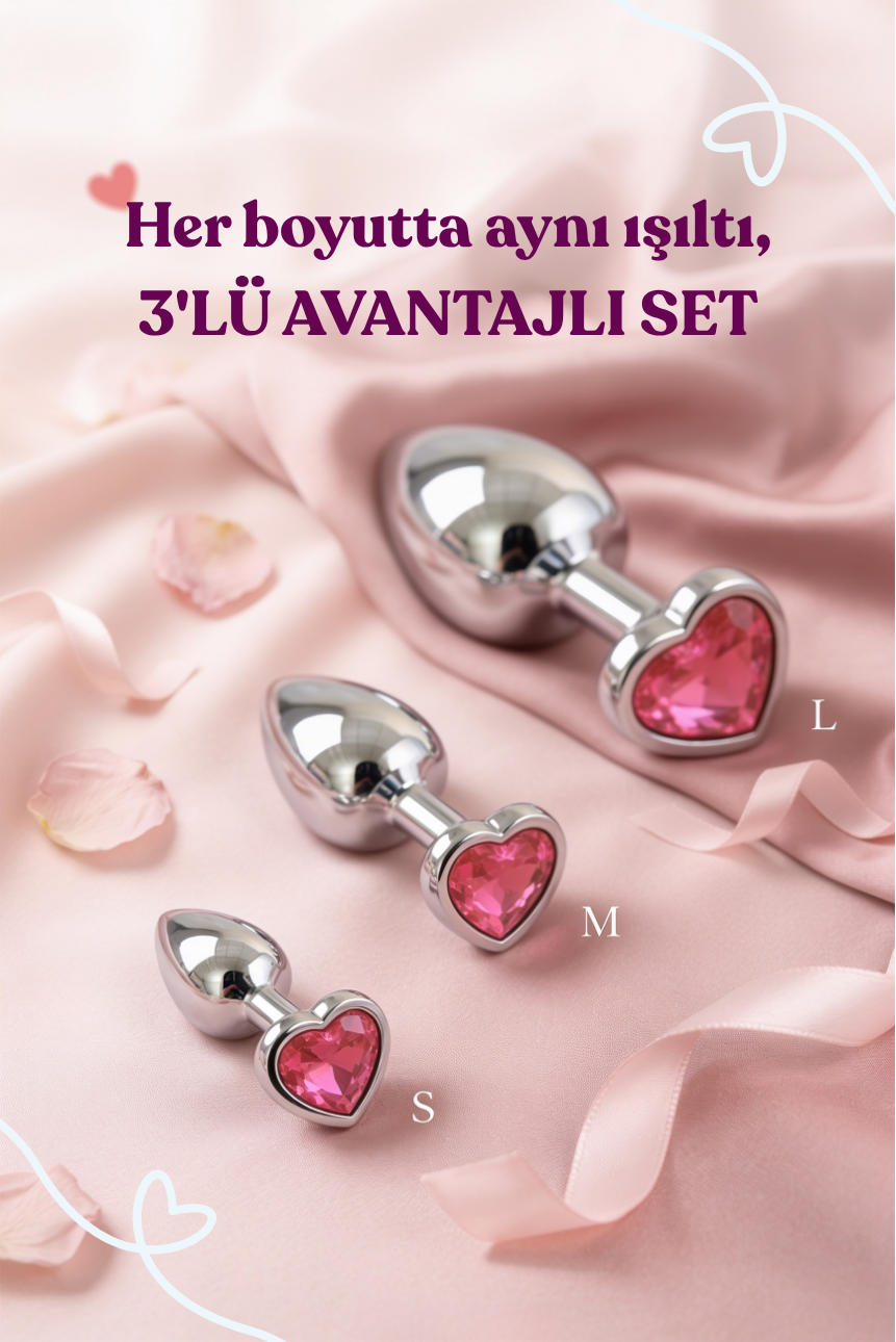 Kalp Kristal Taşlı Metal Anal Plug Seti – 3 Farklı Boy Anal Tıkaç