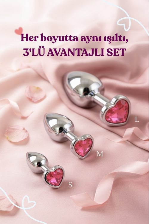 Kalp Kristal Taşlı Metal Anal Plug Seti – 3 Farklı Boy Anal Tıkaç