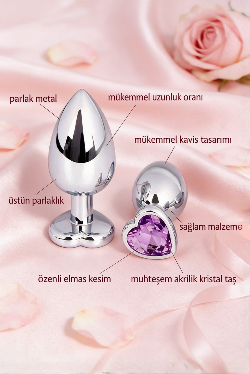 Kalp Kristal Taşlı Metal Anal Plug Seti – 3 Farklı Boy Anal Tıkaç