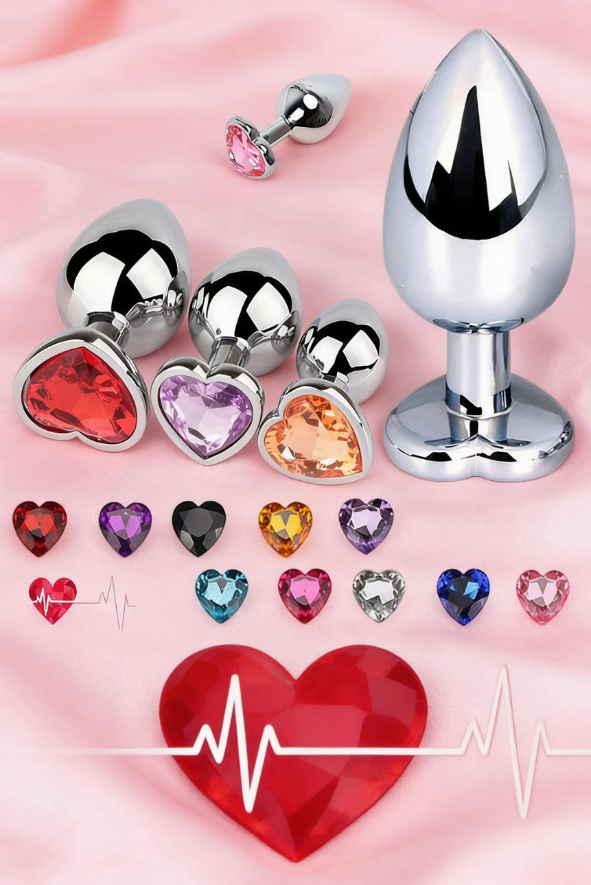 Kalp Kristal Taşlı Metal Anal Plug Seti – 3 Farklı Boy Anal Tıkaç