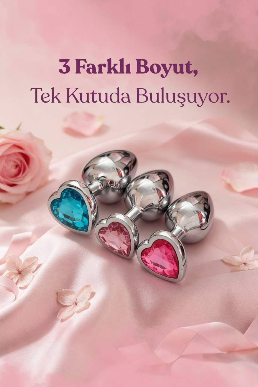 Kalp Kristal Taşlı Metal Anal Plug Seti – 3 Farklı Boy Anal Tıkaç