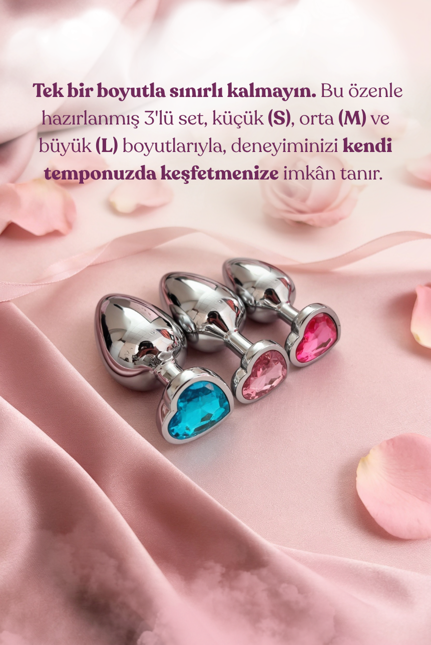 Kalp Kristal Taşlı Metal Anal Plug Seti – 3 Farklı Boy Anal Tıkaç