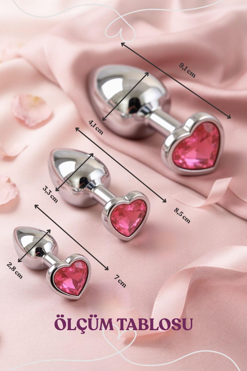 Kalp Kristal Taşlı Metal Anal Plug Seti – 3 Farklı Boy Anal Tıkaç